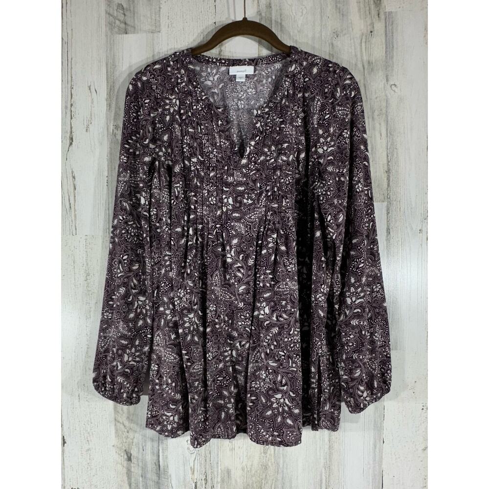 PureJill‎ by J Jill Blouse Top Size Small Dark Plum Floral Notch Neck Pleated